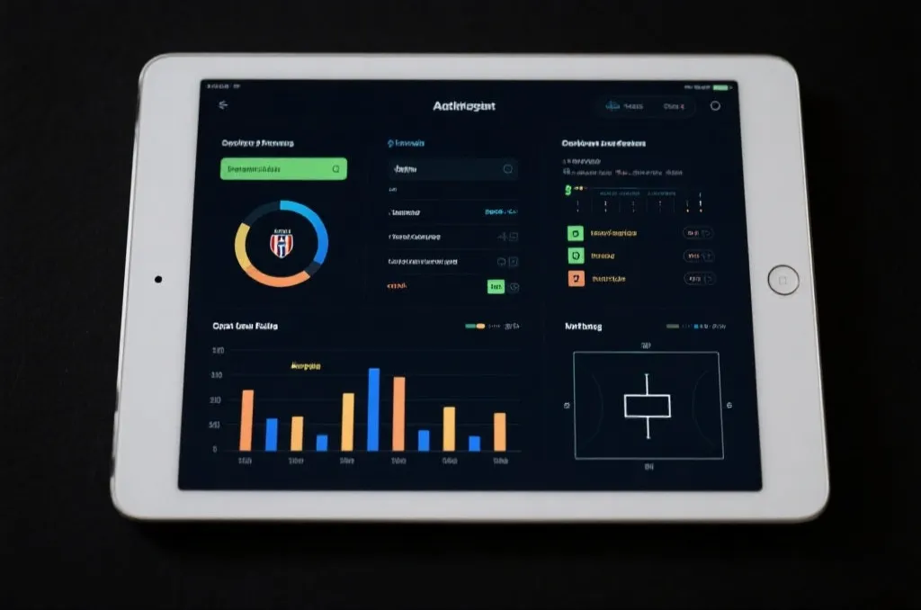 A sports analytics dashboard on a tablet screen, showing generic team performance charts and football tactical diagrams